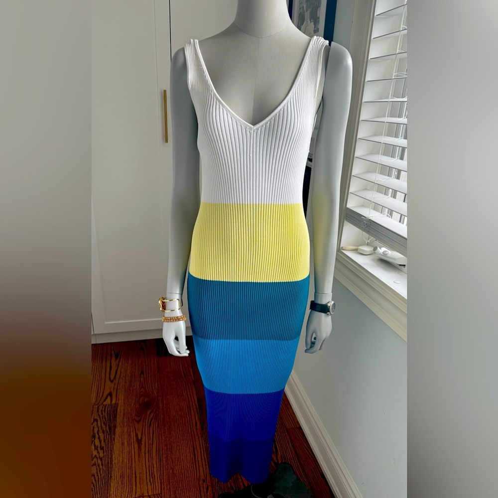 STAUD White and Yellow Sleeveless V-Neck Bodycon Maxi Dress